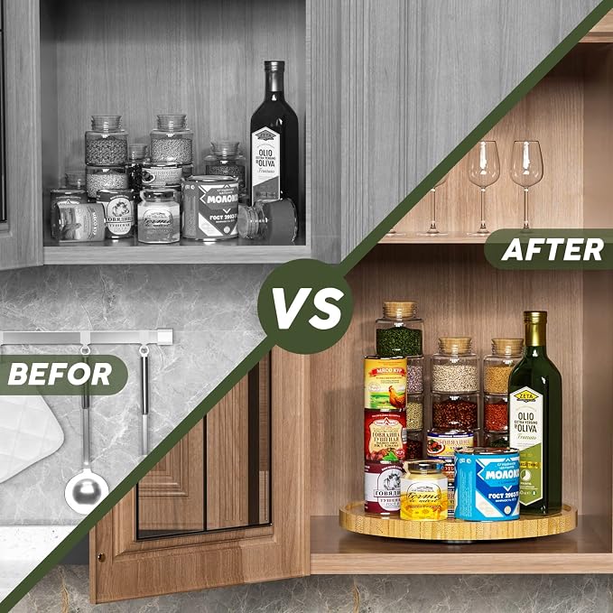 Lazy Susan for Table, 12 Inch Non-Skid Bamboo Turntable Organizer | Salt Pepper Spices and Olive Oil Next to Stove, Wooden Lazy Susan Organizer for Kitchen Countertop Organizer - Image 4