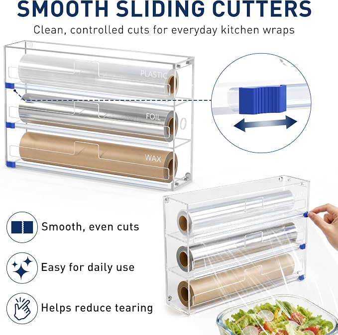 3 In 1 Acrylic Aluminum Foil, Plastic Wrap Organizer with Cutter | Clear Kitchen Storage for Wax Paper Dispenser Holder, For Drawer or Wall Mount, Fits 12 Inch Roll - Image 6