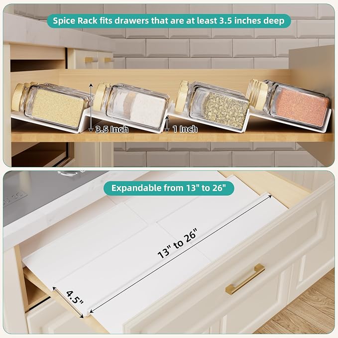 MIUKAA White Spice Drawer Organizer, 4 Tier - 8 Pack Seasoning Organizer for Drawer, Expandable From 13" to 26" Kitchen Drawer Spice Rack (Jars not Included) - Image 6