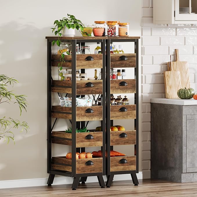 Tribesigns 5-Tier Kitchen Stand Fruit and Vegetable Storage Rack Set of 2 | 5-Tier Narrow Wood Corner Snack Stand Fruit Basket, Pull-Out Utility Organizer for Kitchen, Living Room, Rustic Brown by Unknown