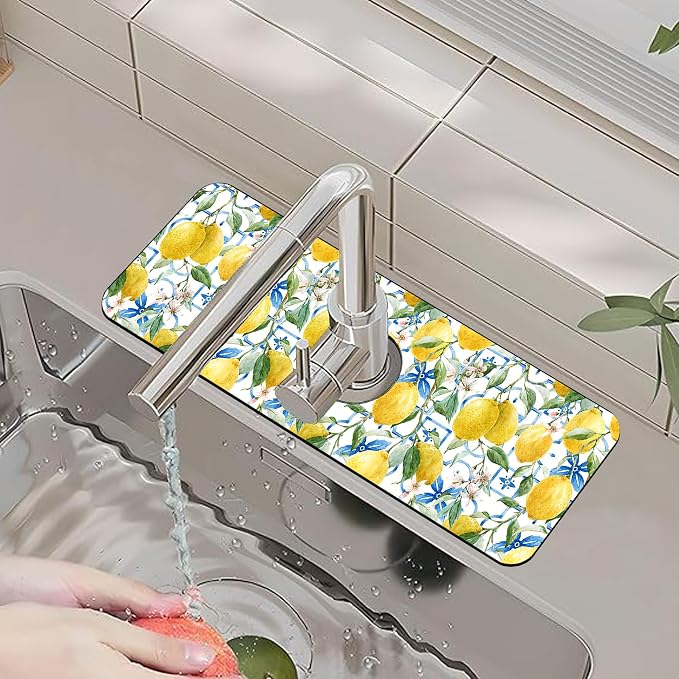 Faucet Mat for Kitchen Sink Watercolor Lemon Blue Geometric Sink Splash Guard Behind Faucet Soft Diatom Mud Material Non-slip Easy to Clean for Bathroom & Kitchen 15"X5.5" - Image 6