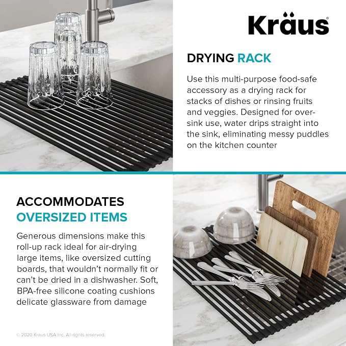 Kraus Roll Up Dish Drying Rack with Self-Draining Silicone Dish Drying Mat and Silicone Soap Dish Holder in Black, KDM-KRM-10BL - Image 2