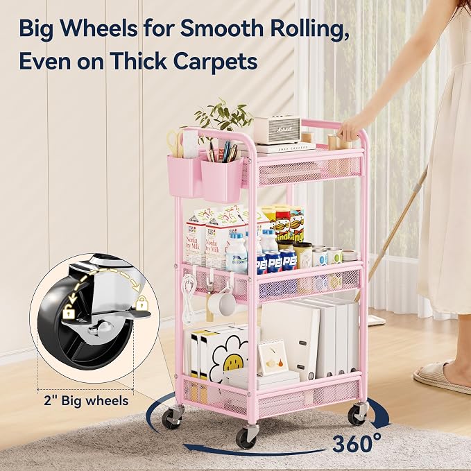 3 Tier Metal Rolling Cart, Pink Utility Storage Cart with Wheels | Metal Mesh Craft Cart With Hooks & Hanging Cups, Ideal For Kitchen, Bathroom, Office, Dorm, Art Workspace, Bedside Storage - Image 4