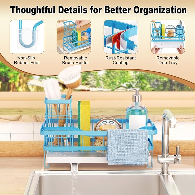 Sponge Holder for Kitchen Sink, Self-draining Sink Caddy with Towel Rack and Brush Holder, Metal Kitchen Countertop Organizers and Storage Essentials, Blue - Image 6