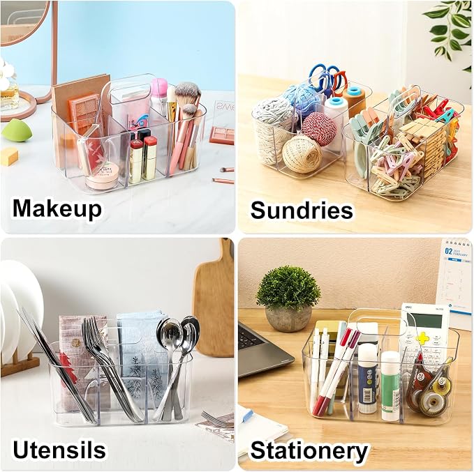 Multiuse Caddy Organizer with Handle, Portable Divided Plastic Tote Bin - Art Craft, Stationary Pen Marker Crayons, Makeup Hair Supplies Storage - Bathroom, Classroom, Dorm, Office, Desk Holder -Clear - Image 2
