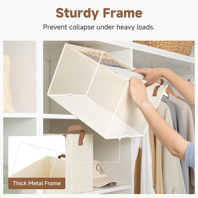 StorageWorks Closet Storage Bins, Storage Baskets for Shelf, Beige, 2-Pack | Large, With Reinforced PU Handles, Metal Frame, Collapsible, Basket for Shelves, Closet, Holds Clothes, Towels, Blankets - Image 4