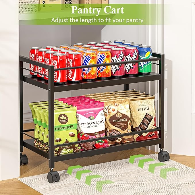 1 Pack 2-Tier Expandable Pantry Floor Organizer Cart, Rolling Pantry Storage Cart with Wheel, Adjustable Can Organizer for Kitchen Pantry, Pantry Shelves and Storage Rack for Snacks, Vegetables, Black - Image 3