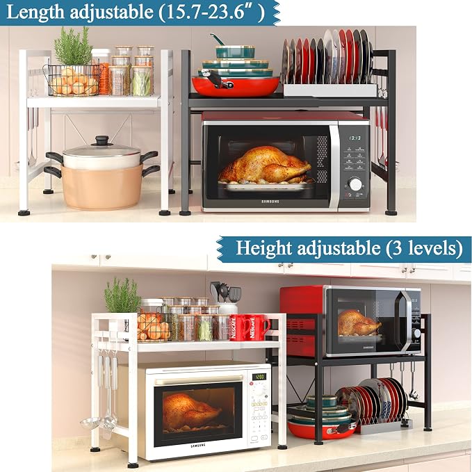 PUSDON Expandable Microwave Oven Rack, 2-Tier Countertop Baker's Rack Style Shelf, Heavy Duty Carbon Steel Stand with 3 Hooks, 160lbs Capacity Modern Kitchen Organizer, White - Image 2