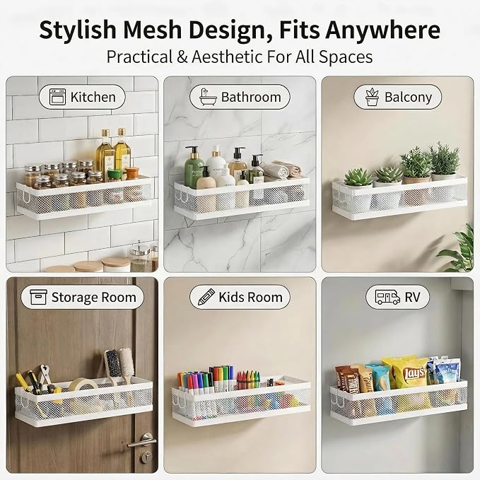 PUSDON 16.5-Inch Extra Long Slim Mesh Shower Caddy, Wall Mounted Bathroom Organizer with Adhesive, Heavy Duty Rustproof Shelf for Narrow Kitchen Pantry & RV, Holds 50 LBS 2-Pack - White Netting - Image 4