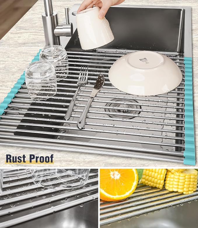 Tomorotec Roll Up Dish Drying Rack Over Sink, 304 Steel, 21x15.5, Green | Anti-Slip Silicone Rims For Grip, Heat-Resistant Trivet Mat Holding Heavy Cookware, Rustproof Kitchen Counter Space Saver - Image 2