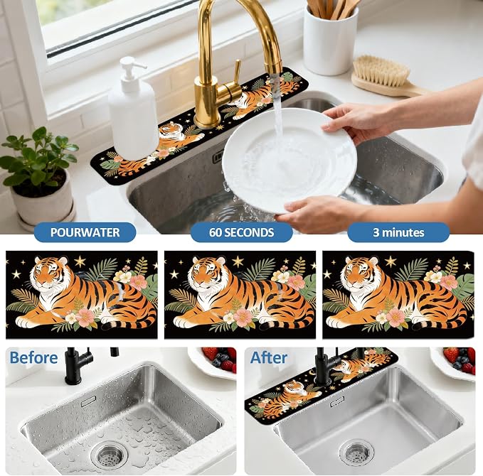 2 Pcs Tiger Kitchen Sink Splash Guard Faucet Mat Tropical Leaves Faucet Mat for Sinks Absorbing Drying Mats for Kitchen Bathroom, 23.6x5.5inch - Image 5