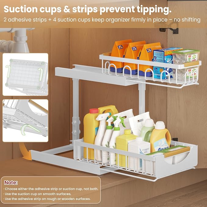 Under Sink Organizer and Storage for Bathroom and Kitchen - 2 Pack 2 Tier | Cabinet Pull Out Shelf Organizers - Slide Out Drawer Organization for Home Cabinets Shelves and Drawers - Image 6