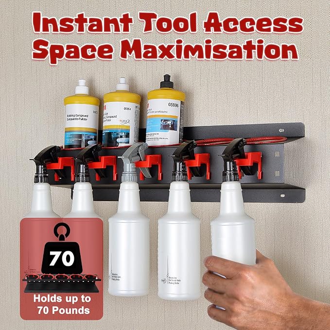 Spray Bottle Holder Wall Mount, 22Pcs Car Detailing Bottle Holder Rack Set | Heavy-Duty Detailing Organizer with Clips Hooks Brushes, Garage Van Workshop Steel Rack for Aerosol Cans, Van, Workshop Tool - Image 3
