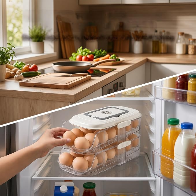 2-Tier Fridge Egg Organizer and Stackable Egg Container for Refrigerator with Dispenser Tray - Image 5