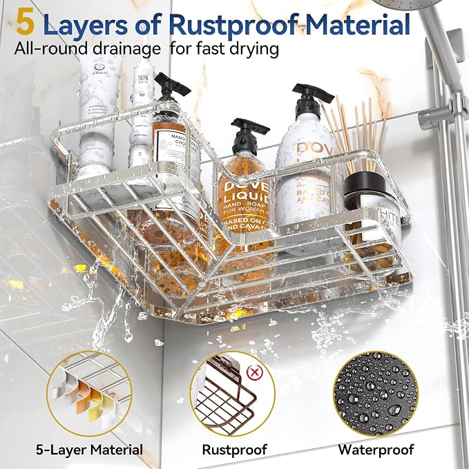 Corner Shower Caddy Organizer, Self-Adhesive Rustproof Bath Shelves with Soap Holder & 4 Hooks, Large Capacity Shower Storage Rack for Bathroom Organization, (3Pack, Silver) - Image 3