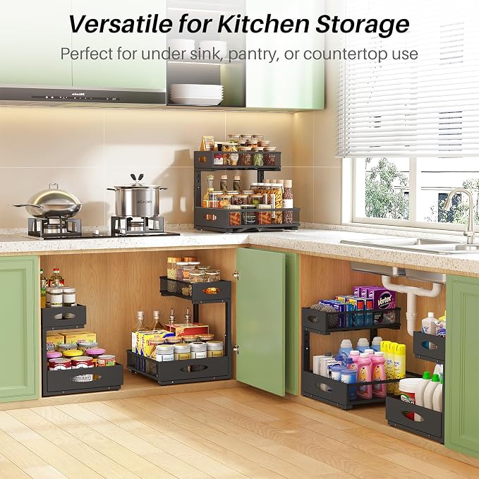 Under Sink Organizer, 1-Pack Pull Out Cabinet Organizer 2 Tier Metal Slide Out Storage Shelf Rack, L-Shaped Adjustable Height,Mesh Sliding Drawer for Kitchen, Bathroom, Laundry, Pantry, Black, XL - Image 8