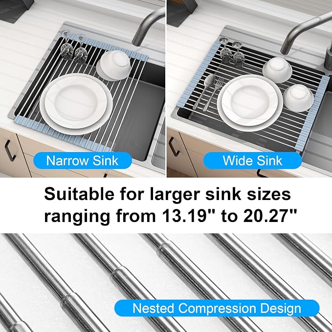 20.27 x 13.19 Inch Roll Up Dish Drying Rack, Expandable Over Sink Drying Rack 304 Stainless Steel Drainer for Counter Kitchen Home RV Essentials Foldable Over Sink Drying Rack, Grey - Image 3