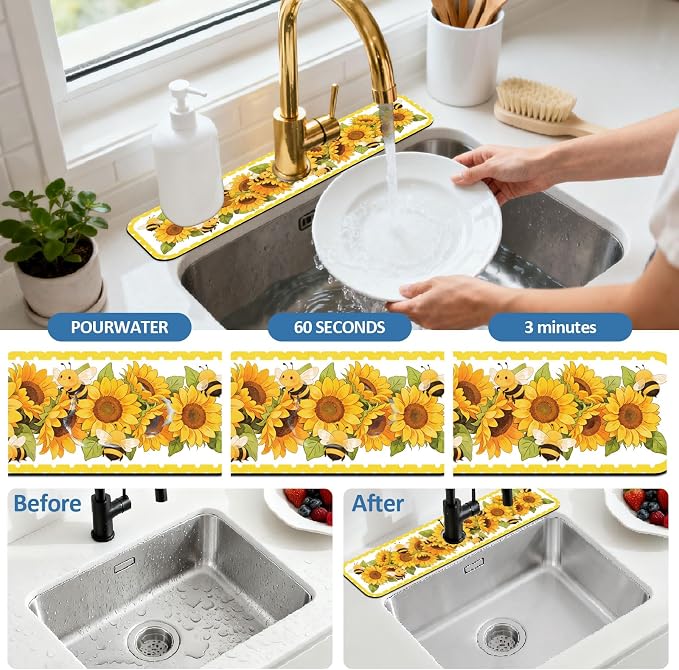 2 Pcs Kitchen Sink Splash Guard Faucet Mat Sunflower Faucet Mat for Sinks Bee Pattern Absorbing Drying Mat for Kitchen Bathroom, 23.6x5.5inch - Image 5