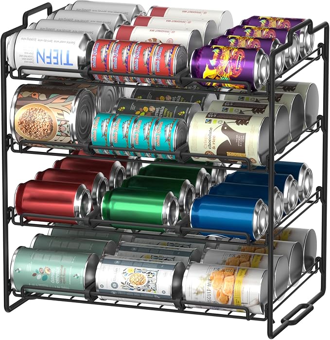 4 Tiers Stackable Can Rack Organizer, Wear-resistant Upgrade Beverage Food Can Dispenser Holder Holds up to 48 Cans for Kitchen Cabinet and Pantry (Black) by Sulishang