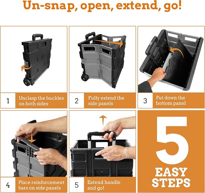 Inspired Living Ultra-Slim Rolling Collapsible Storage Pack-N-Roll Utility-carts, with Telescopic Handle, for Home, Garden, Shopping, Office, School use, Large, Grey & Black - Image 6