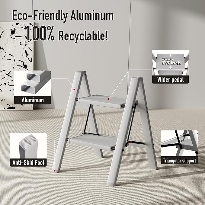 Mayi Plus 2 Step Stool Foldable, Aluminum, Lightweight Step Ladder | Extra-wide anti-slip folding steps with 330 lbs, for home,kitchen,office,outdoor,Grey - Image 2
