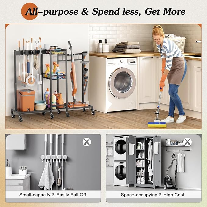 Broom Holder with Cleaning Supplies Organizer, Broom Closet Storage Cabinet with Cleaning Caddy Vacuum Stand, Cleaning Cart with Mop Hanger Gripper Rack Hook, Laundry Room Organization Home Essentials - Image 6