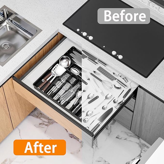 BPA-Free Expandable Utensil Drawer Organizer - Black Plastic Adjustable Storage Tray for Kitchen Flatware, Knives, Forks and Spoons - Image 5