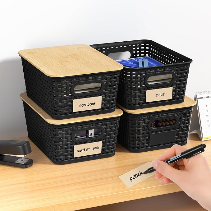 6 Pack Plastic Storage Baskets, Black bamboo lid storage Box | Labels, Stackable, For Organizing Shelves Pantry Drawers Desktop Closets Organizing Desktop Closet Playroom Classroom - Image 7