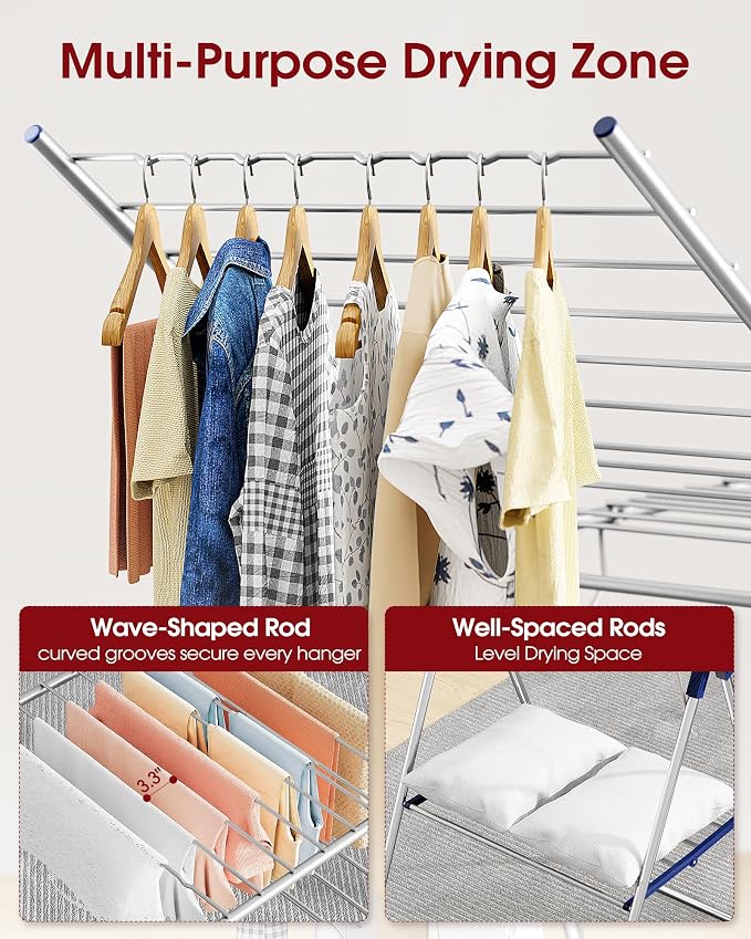 Sakugi Clothes Drying Rack, 55.5" Adjustable Wings, Foldable Design | Laundry Room, Bedroom, Outdoor & Indoor Use, Height Adjustable, Collapsible, Silver Blue, 55.5" L × 22.8" W - Image 3