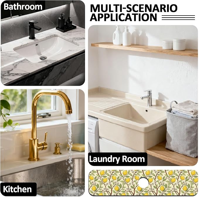2 Pcs Kitchen Sink Splash Guard Faucet Mat Lemon Tree Pattern Faucet Mat for Sinks Flower Absorbing Drying Mats for Kitchen Bathroom - Image 7