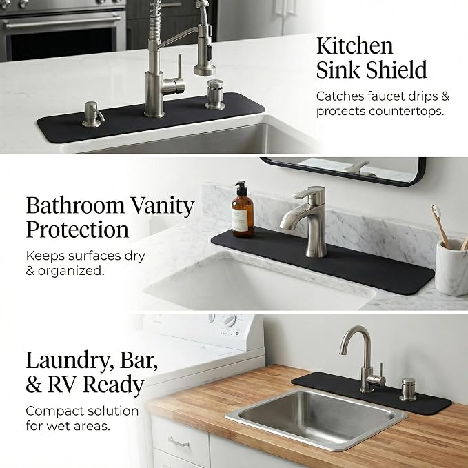 Cuttable Kitchen Sink Faucet Mat: 2PCS 24"Lx5.5"W DIY Splash Guard for Irregular Sink 2, 3 holes, Soap Dispenser & Air Gap - Bathroom Counter Protector Drip Catcher with Pre-Cut Center Hole, Black - Image 6