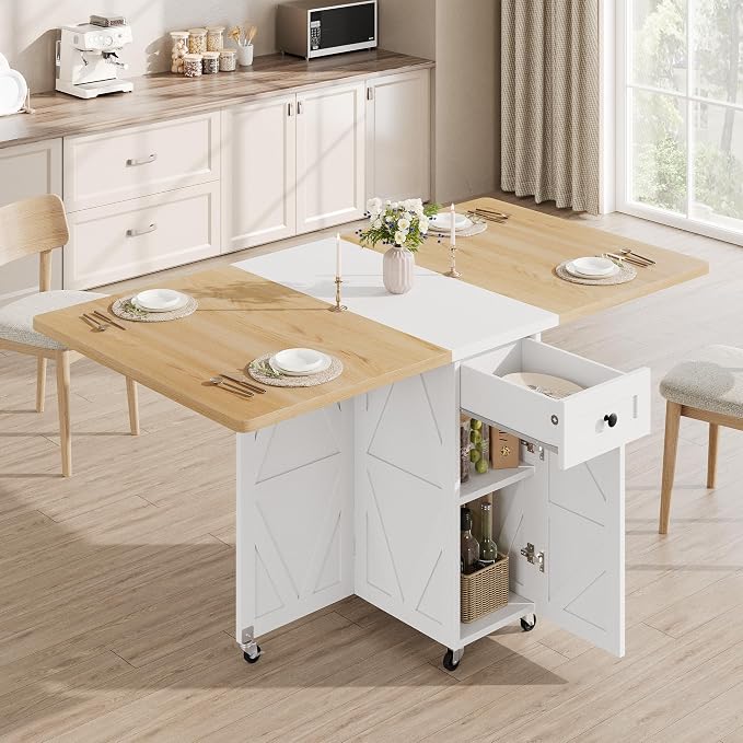 Jocoevol Folding Dining Table for Small Spaces, Foldable Kitchen Table with Drawer, 2-Tier Storage Shelf & Wheels, Space Saving Dining Table for 2 4, Farmhouse, (Natural 47.2" x 23.6" x 29.5") by JOCOEVOL