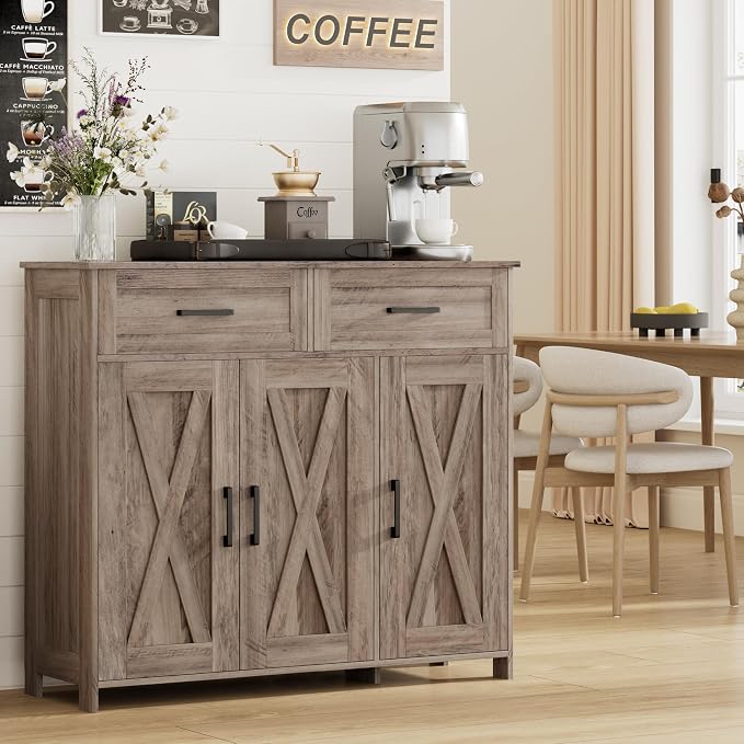 Homhedy Coffee Bar Storage Cabinet with Drawers, Kitchen Buffet Cabinet | Sideboard Cabinet with Doors, Farmhouse Buffet Cabinet, Adjustable Shelves, for Kitchen / Dining / Living Room, Greige by Homhedy