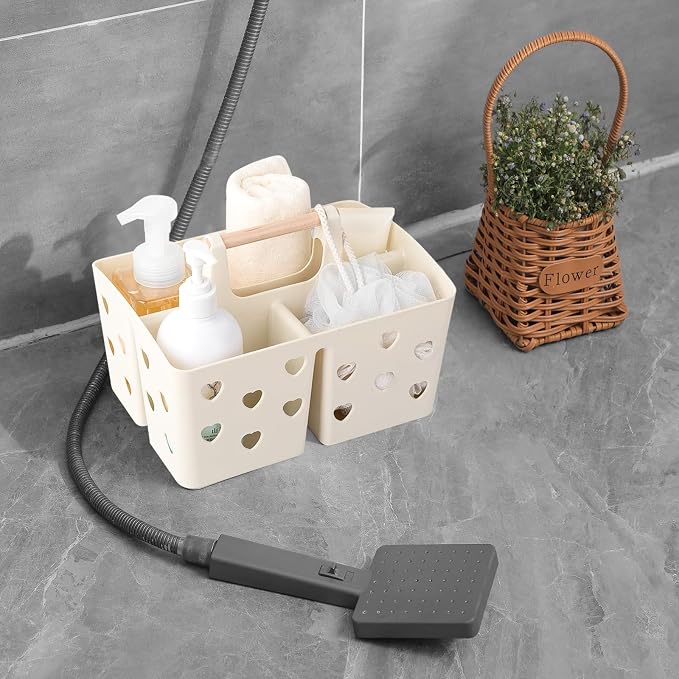 Portable Shower Caddy Plastic Shower Basket Organizer with Handle, Beige | Divided Bathroom Caddy Storage Cleanning Caddy Tote for College, Dorm Room, Kitchen - Image 4