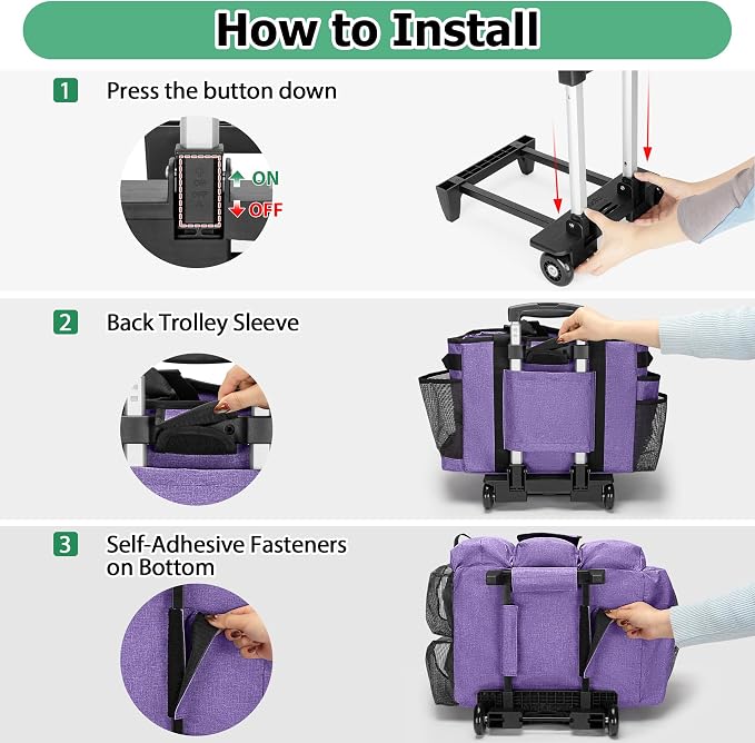 LoDrid Professional Rolling Cleaning Bag with Detachable Trolley, Purple | Portable Cleaning Cart with Shoulder Strap for Housekeepers, Patent Design - Image 5