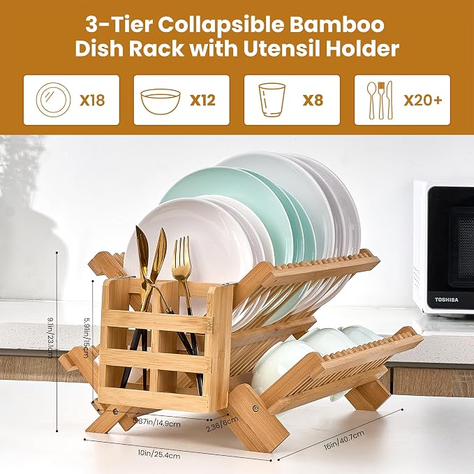 NOVAYEAH Bamboo Wooden Dish Rack, Wooden Dish Drying Drainer Rack | 3-Tier Collapsible Large Dish Drying Rack Holder for Kitchen Counter, Plate Holder Organization with Utensils Flatware Holder - Image 3