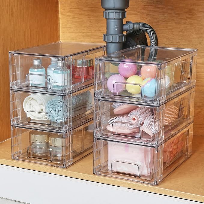 Vtopmart 2 Pack Stackable Clear Drawer with Dividers | Clear Drawer Organizers with Removable Dividers for Flexible storage. Stackable, Non-slip, for Fridge, Under Sink & Bthroom - Image 2