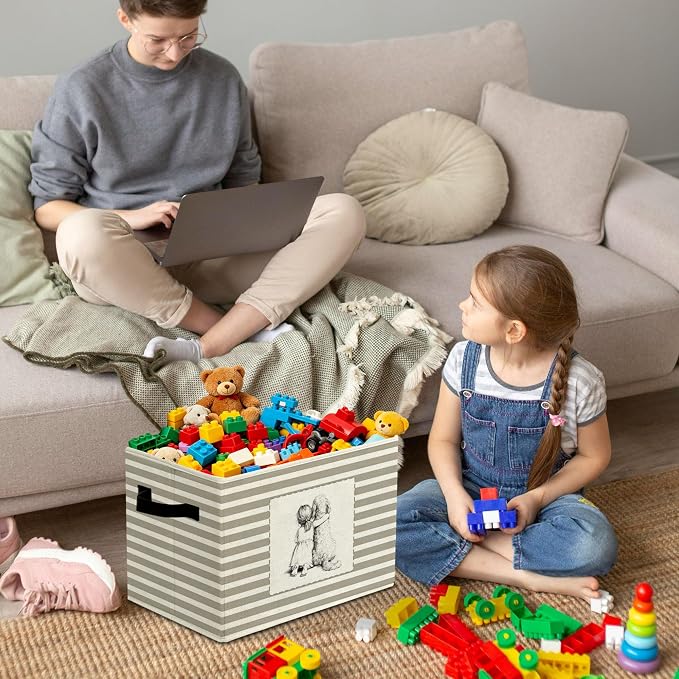Rustic Girl and Dog Storage Bins Boxes Handles | grey striped nursery foldable basket for organizing bedroom toddler playroom - Image 4