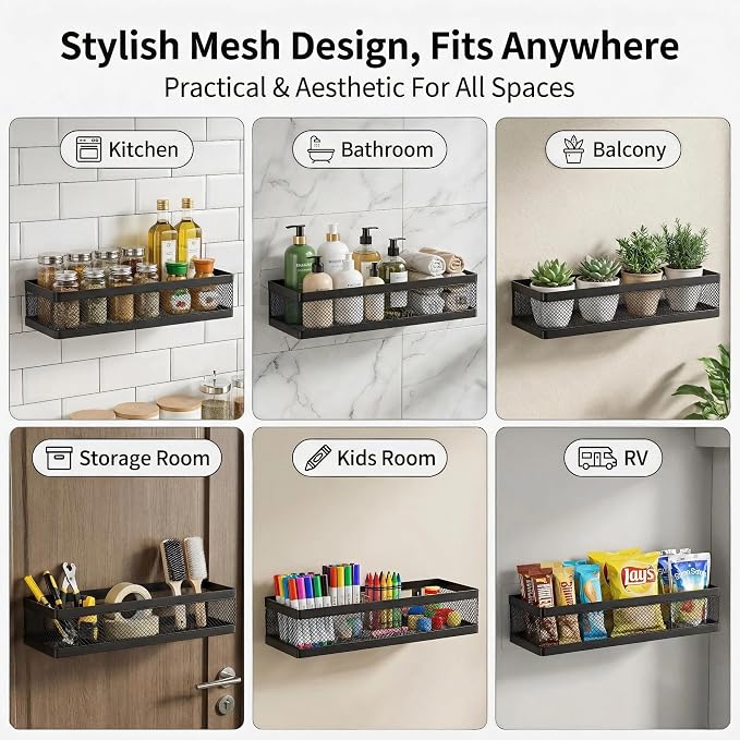 PUSDON 16.5-Inch Extra Long Slim Mesh Shower Caddy, Wall Mounted Bathroom Organizer with Adhesive, Heavy Duty Rustproof Shelf for Narrow Kitchen Pantry & RV, Holds 50 LBS 2-Pack - Matte Black Netting - Image 6