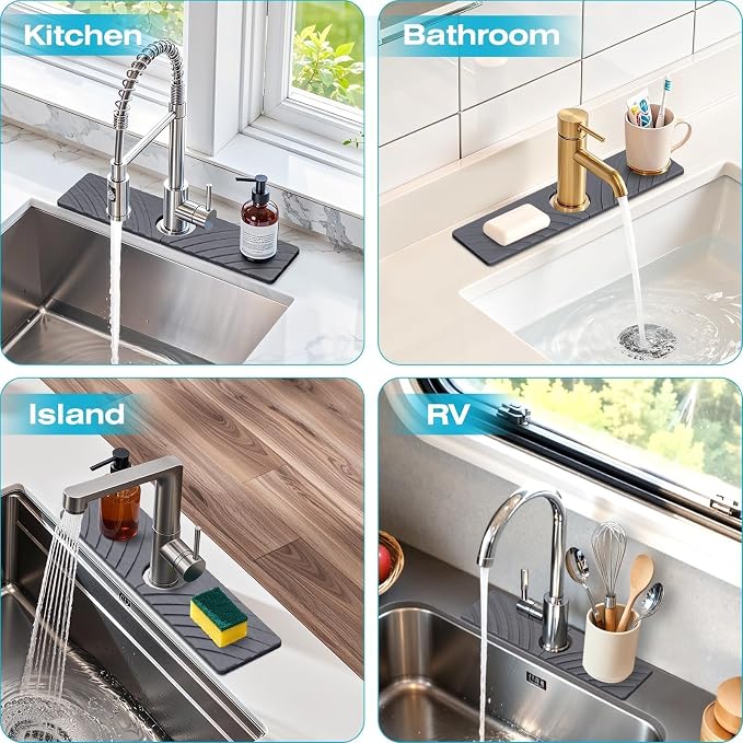 SpaceHacks Stone Faucet Mat for Kitchen Sink 15.7x4 in, Dark Gray | Fast Drying Diatomite Stone Drying Mat, Water Splash Guard, Textured Drainage Sink Protector, Suits Bathroom&Kitchen Counter - Image 6