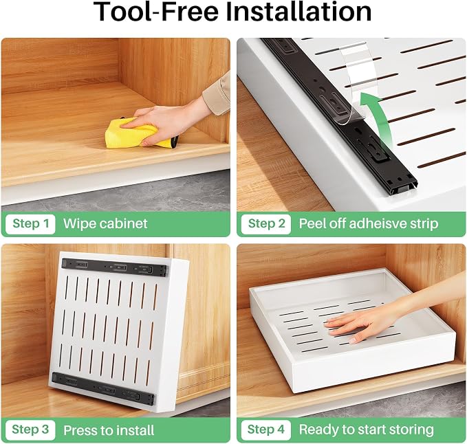 4 Pack Pull out Cabinet Organizer, 21"Deep, Heavy Duty Full-extension Slide out Drawers for Kitchen Cabinet, Roll out Shelf Storage with Nano Adhesive for Pots, Bathroom, Pantry, Home, White - Image 7