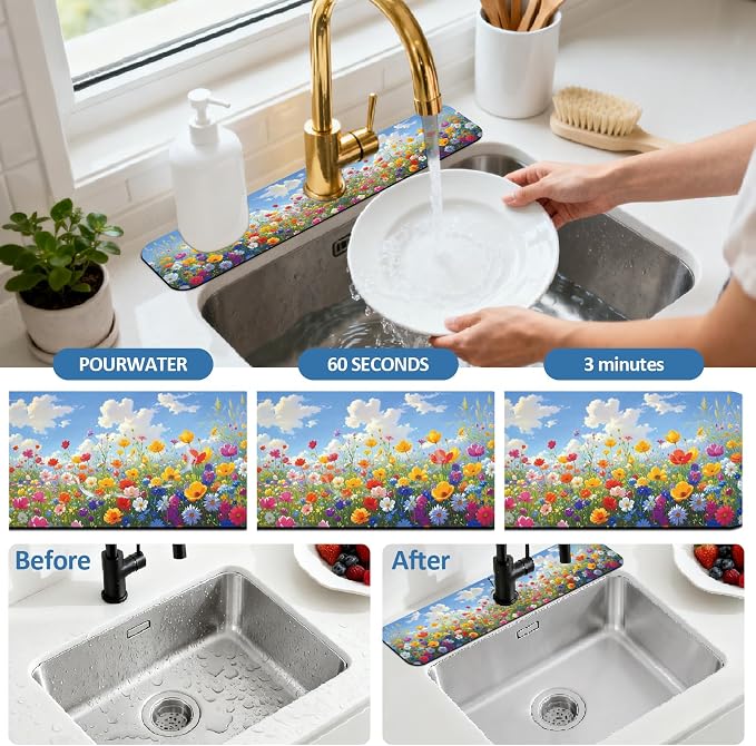 2 Pcs Kitchen Sink Splash Guard Faucet Mat Oil Painting of a Flower Bush Faucet Mat for Sinks Absorbing Drying Mats for Kitchen Bathroom, 23.6x5.5inch - Image 5