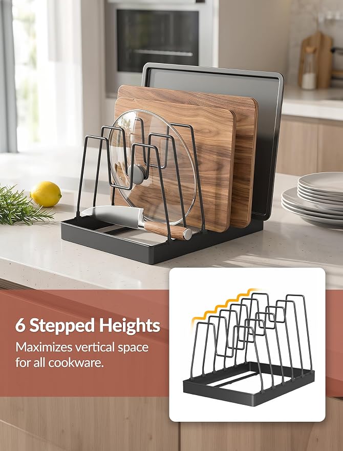 NiHome Cutting Board Holder & Pot Lid Organizer Rack for Pan, Black, 1PC | Adjustable 6 Iron Dividers For Cutting Boards, Pot Lids & Baking Sheets, Non-Slip Silicone Base For Stable Countertop Storage - Image 5