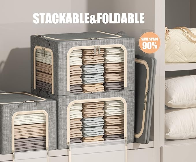 3 Openings Large Clothes Storage Bins with Metal Frame, Foldable Storage Bin for Clothes, Clothing Storage Bins with Lid, Linen Storage Box With Clear Window＆ Zippers＆ Handles.(3 Pcs,Light Grey,66L) - Image 2