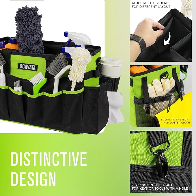SCAVATA Wearable Cleaning Caddy Bag, Cleaning Caddy Supplies Organizer with Handle & Shoulder Straps for Housekeepers, Under Sink & Car Cleaning Tool Organizers with 4 Foldable Divider (NeonGreen) - Image 3