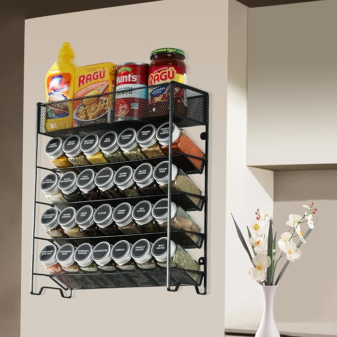 Skiileor Spice Rack Organizer with 28 Spice Jars,Spice Labels and Funnel | 5-Tiers Metal Seasoning Organizer, Kitchen Spice Organization for Cabinet, Countertop, Pantry, Cupboard Door or Wall Mount - Image 6