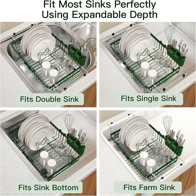 Green Dish Drying Rack Over The Sink with Utensil Holder | Expandable Stainless Steel Dish Drainer for Small Kitchen, Apartment, RV, Counter Space Saving, Perfect Fit, Rustproof - Image 4