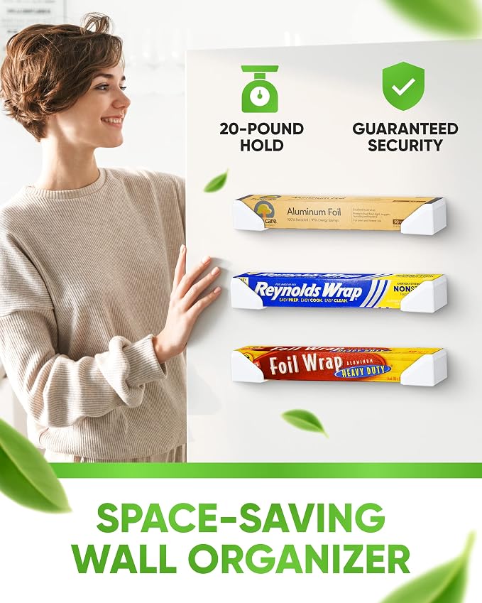 Skywin Adhesive Foil and Plastic Wrap Organizer, Fits Box Width up to 1.77in/45mm Aluminum Foil Organization and Storage, Space-Saving Wall-Mounted Kitchen Plastic Wrap Holde (White) - Image 3