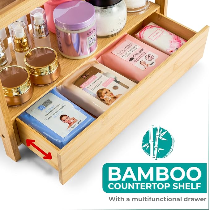 Sorbus 2-Tier Bamboo Countertop Shelf with Hidden Drawer for Vanity, Matcha Shelf, Bathroom Storage Cabinet, Under Sink Organizer, Bathroom Storage, Matcha Station Shelf (17″ L x 6.5″ W x 12.6″ H) - Image 4