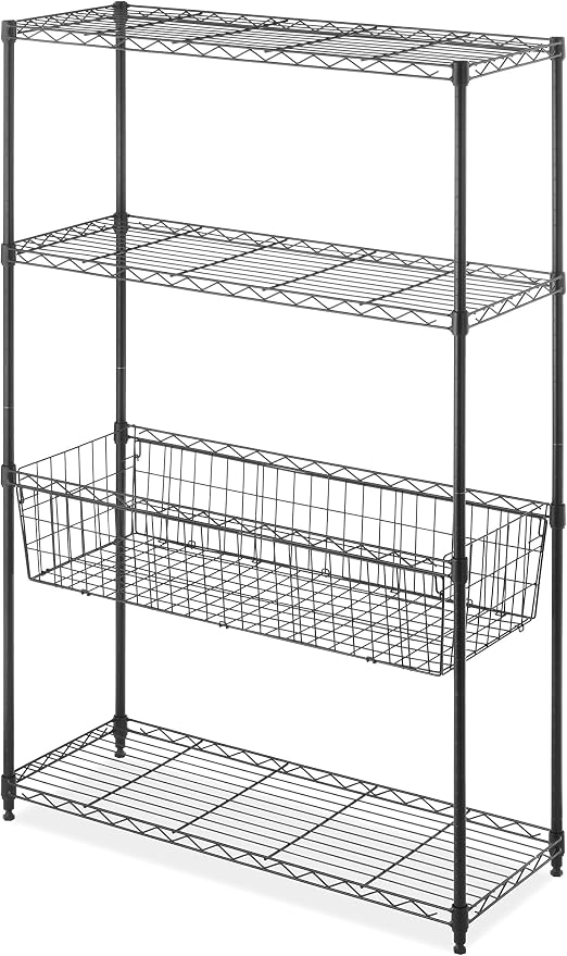 Whitmor 4-Wire Shelving Unit, Metal Storage Shelves with Basket, Easy Assembly Home Organizer for Pantry, Kitchen, Garage, Plant by Whitmor